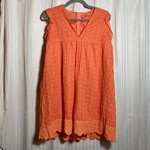 Feminine Boho Orange Eyelet Lace Romper Dress V-Neck Ruffle Mini Skort Pocket M